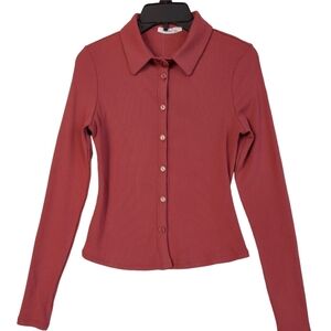 Timing Crop Shirt Womens Brick Medium Long Sleeve Button-Up New Stretch